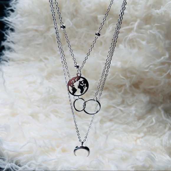Silver Triple Layer Earth Ring Moon Necklace - Picture 2 of 4